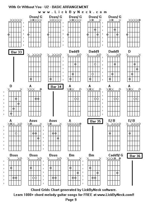 Chord Grids Chart of chord melody fingerstyle guitar song-With Or Without You - U2 - BASIC ARRANGEMENT,generated by LickByNeck software.